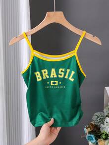 Tween Girls' English Letter Camisole, All-Match Casual Versatile Style, Suitable For Daily Outings, Travel, School And Other Occasions - Green - View 3