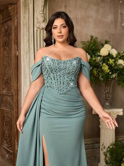 Aureia Đầm dạ hội cỡ lớn sang trọng, lãng mạn màu xanh lá cây, cổ chữ U, tay dài, đính pha lê và ngọc trai, dáng đuôi cá, xẻ tà cao, thích hợp cho đám cưới, tiệc tùng, sự kiện trang trọng, dạ hội (Thiết kế tinh tế)