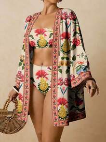 Travachic Áo khoác kimono cỡ lớn dành cho nữ, in họa tiết hoa cổ điển, thích hợp cho kỳ nghỉ biển và mùa hè. - Nhiều màu - Xem 1