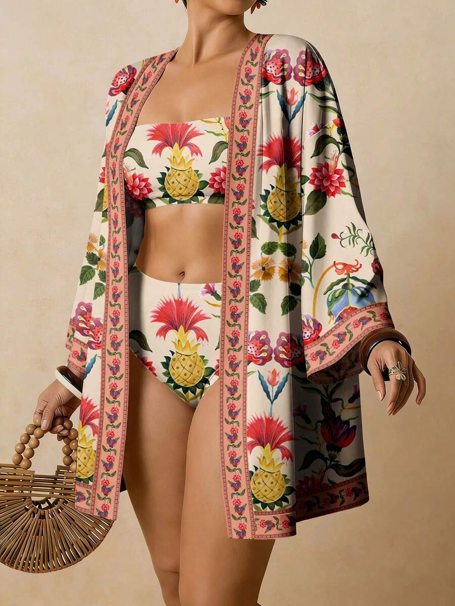 Travachic Áo khoác kimono cỡ lớn dành cho nữ, in họa tiết hoa cổ điển, thích hợp cho kỳ nghỉ biển và mùa hè. - Nhiều màu - Xem 1