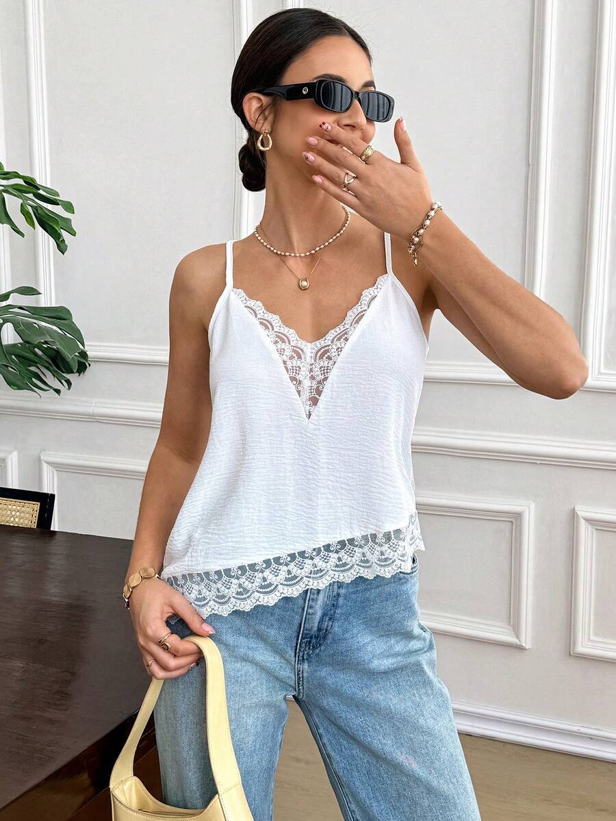 Serisse 刺绣网纱装饰扇贝花边露背吊带背心 - 白色 - 查看 1