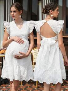 Momance 孕妇度假花卉刺绣荷叶边袖系带露背连衣裙 - 白色 - 查看 1