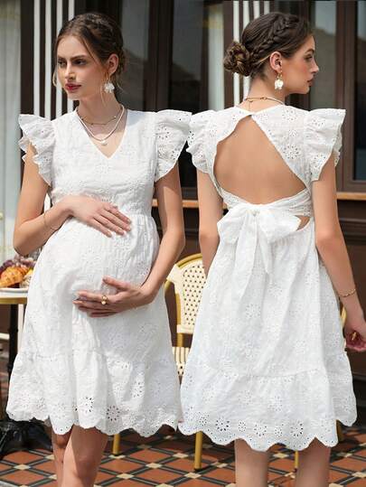 Momance 孕妇度假花卉刺绣荷叶边袖系带露背连衣裙