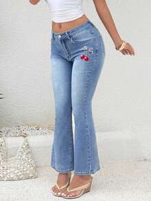 Rivivi 女士休闲百搭樱桃刺绣水洗喇叭裤 - 淺色水洗藍 - 查看 4