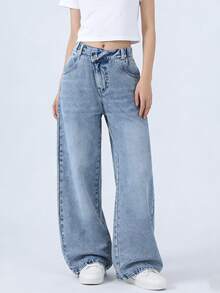 Tween Girl Y2K Style Vintage Washed Blue Asymmetric Waist Loose Wide Leg Jeans, Suitable For Everyday Wear Summer - Light Wash - View 10