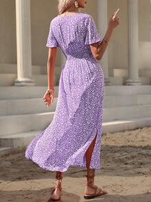 SHEIN LUNE 女士碎花腰带荷叶袖优雅连衣裙，适合度假、夏季穿着，包括女士裹身连衣裙、夏季休闲连衣裙和节日连衣裙。 - 紫色 - 查看 2