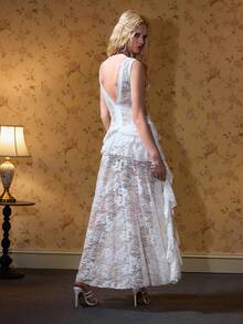 ROMWE Lace Ruffle Sheer Deep V Neck Dress, Suitable For Western Music Festival - White - View 5