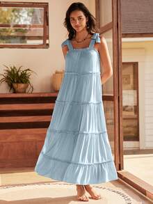 Lullawish 女士波西米亚风舒适宽松针织吊带蝴蝶结休闲连衣裙 - 藍色 - 查看 6