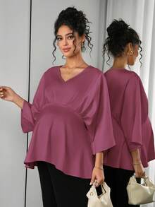 Momance Blusa con cuello en V, mangas de murciélago y volantes en el bajo para mujeres embarazadas de unicolor - Rojo violeta - Ver 4
