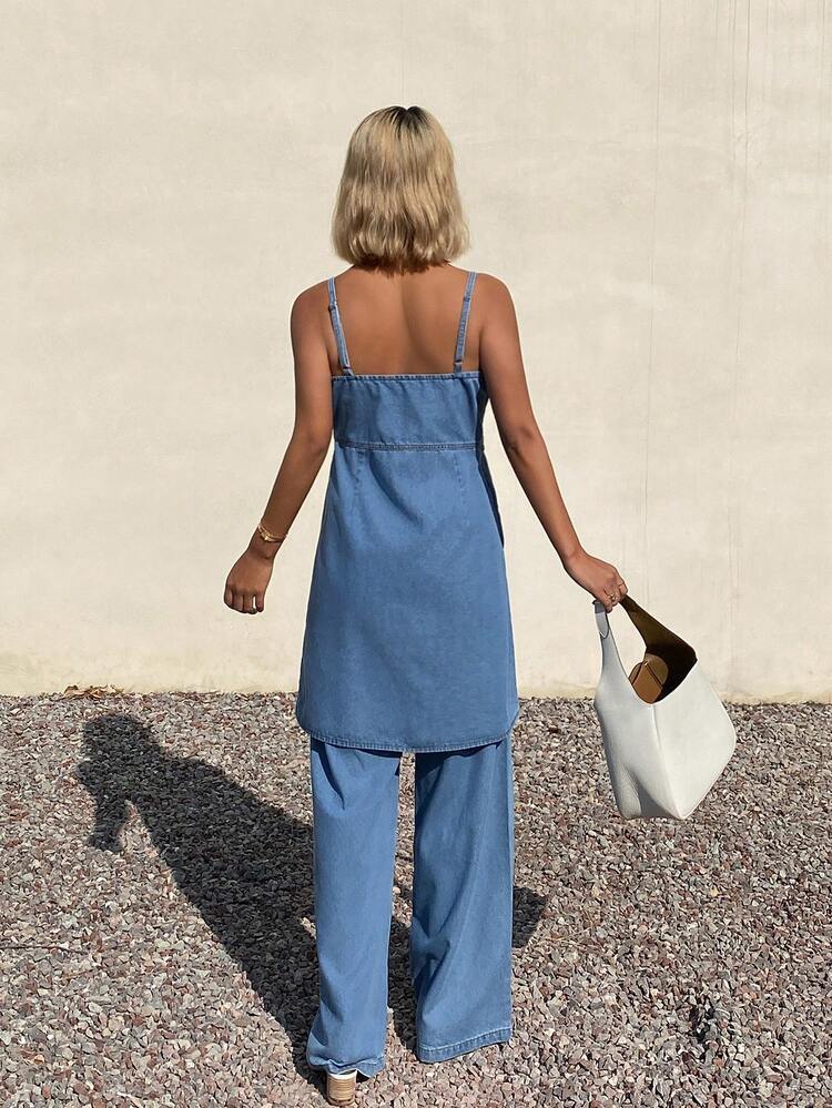 Women's Casual Sleeveless Camisole Top And Loose Fit Denim Pants Set, Layered Style For Spring And Summer, Suitable For Street, Vacation And Beach