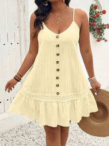 EMERY ROSE Women's Plus Size White Summer Boho Beach Holiday V-Neck Sleeveless Spaghetti Strap Front Button Textured Camisole Dress,Flounce Ruffle Hem Outfit - Pale Yellow - View 4