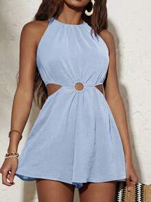 Travachic 纯色圆形镂空无袖连体裤，女士度假款 - 淺藍色 - 查看 1