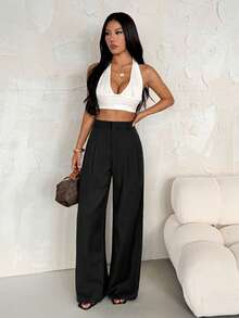 SHEIN PETITE Quần ống rộng xếp ly cạp cao phong cách công sở sang trọng, thanh lịch – Quần tây dáng suông màu trơn, trang phục công sở chuyên nghiệp, quần tây công sở may đo thời trang dành cho nữ. - màu đen - Xem 7