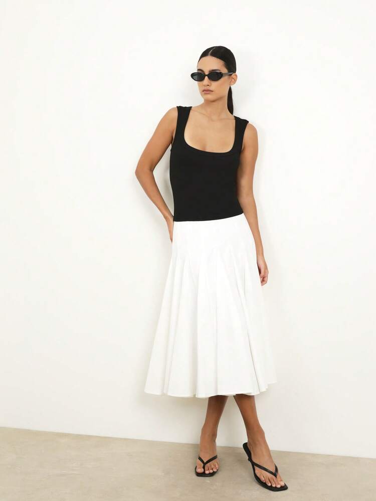 KSTM Structured Panel Midi Skirt High Waisted Pleated A Line White Skirt Elegant Office Wear Business Casual Day Dress Skirt