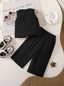 Babygirl Summer Casual Sleeveless Top And Elastic Waist Loose Pants Set - Black - View 2