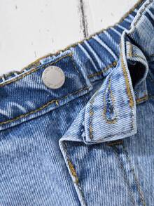 SHEIN 2pcs Young Girl Pocketed Button Distressed Frayed Hem Casual Versatile Daily Wear Denim Shorts - Multicolor - View 3