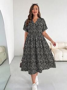 SHEIN Essnce 大码女式夏季度假碎花V领口袋收腰连衣裙 - 彩色 - 查看 3
