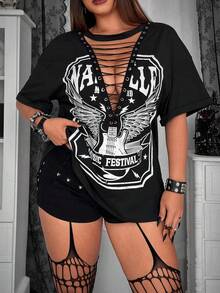 Whyspr Camiseta de manga corta con estampado de guitarra y alas y tirantes cruzados, talla grande para verano - Negro - Ver 7