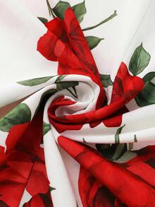 女士玫瑰印花V领A字短袖连衣裙，优雅百搭，适合日常、度假、通勤、情人节、约会、法式街头风、复古风、派对等场合，白色底色搭配粉色玫瑰图案，早春/春夏新款长裙 - 紅色 - 查看 7