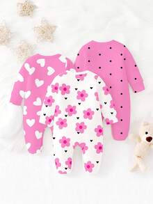 SHEIN [Random 3 Sets, Send 1 Set] Cute Heart All-Over Print, Artistic Floral Print, Fuchsia Polka Dot Print, Newborn Footie Pajamas, Comfortable And Convenient, Spring/Summer Soft Casual Sleepwear Set, Makes Baby Look Adorable And Lively, Soft And Comfortable Fabric - Multicolor - View 2