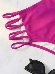 Swim Basics 女士纯色镂空性感比基尼泳裤，适合海滩度假，一口价，女士比基尼套装，泳装，塑形泳衣 - 玫紅色 - 查看 3