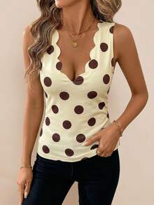 Editum 女士新款优雅V领提花波点针织弹力吊带背心，适合夏季穿搭，性感上衣，职业装，黑色无袖上衣，女士时尚夏季上衣，女士波点无袖上衣 - 彩色 - 查看 4
