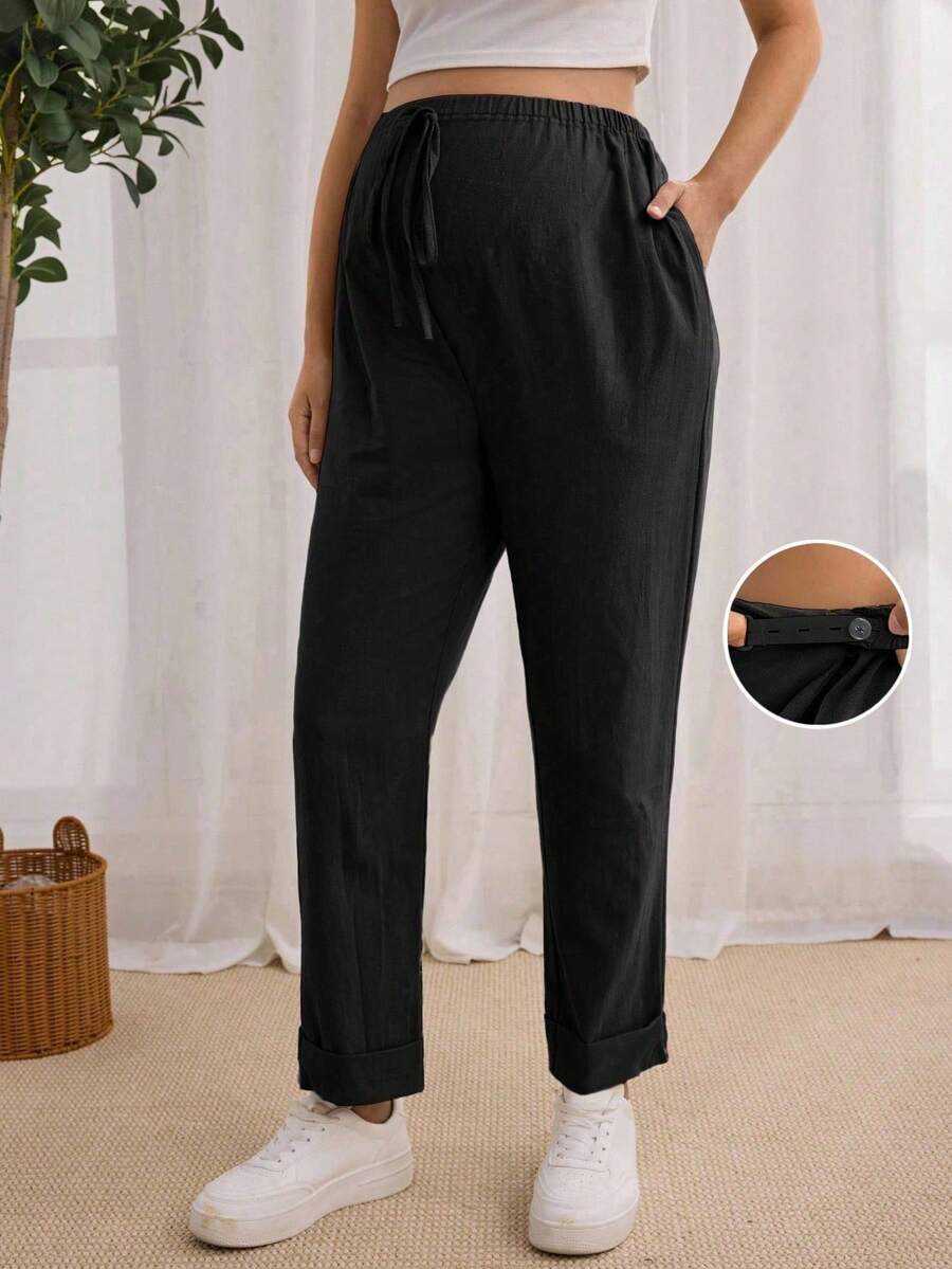 SHEIN Maternity Simple Solid Color Tie Front Pocket Casual Pants Fall - Black - View 1