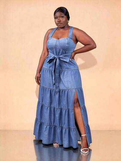 CurvyTilda Plus Size Summer Casual Slit Maxi Denim Dress Denim Blue Women Blue Vacation Dress Denim Maxi Dress Blue Maxi Dress Women