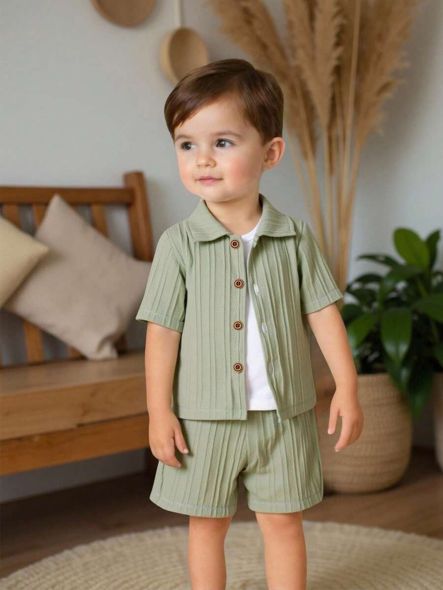 Souflis Souflis 2件組新生兒嬰兒幼童男嬰鼠尾草綠夏季休閒海灘服裝套裝 紋理面料短袖POLO衫 & 鬆緊腰短褲套裝 - 綠色 - 查看 1