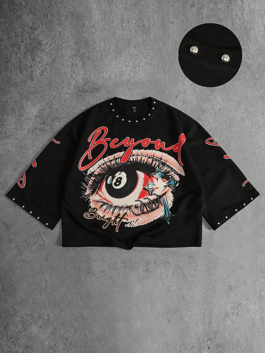ROMWE MEN Men's Rivet Decor Print Loose 3/4 Sleeve T-Shirt, Spring/Summer - Black - View 1