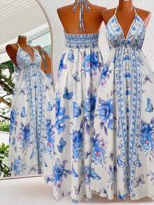 Franclia Bohemian Style Printed Beach Slip Dress - Baby Blue - View 2