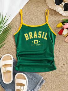 Tween Girls' English Letter Camisole, All-Match Casual Versatile Style, Suitable For Daily Outings, Travel, School And Other Occasions - Green - View 7