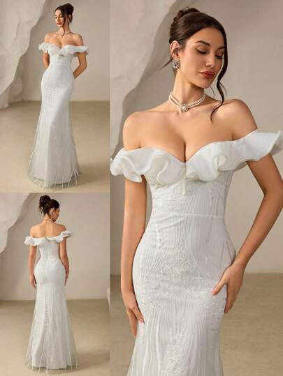 Poshira Elegant Embroidered Organza Mermaid Hem Design Wedding Dress, Suitable For Birthday Party, Graduation Ceremony