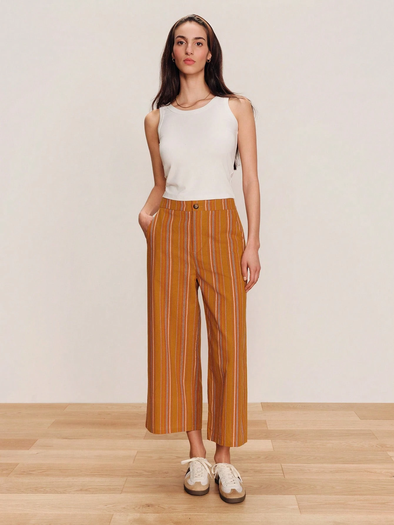 High Waisted Straight Leg Camel Striped Pants 3/4 Length Cute Spring Summer Vintage Striped Pants Vacation Outfit French Style Parisian Style