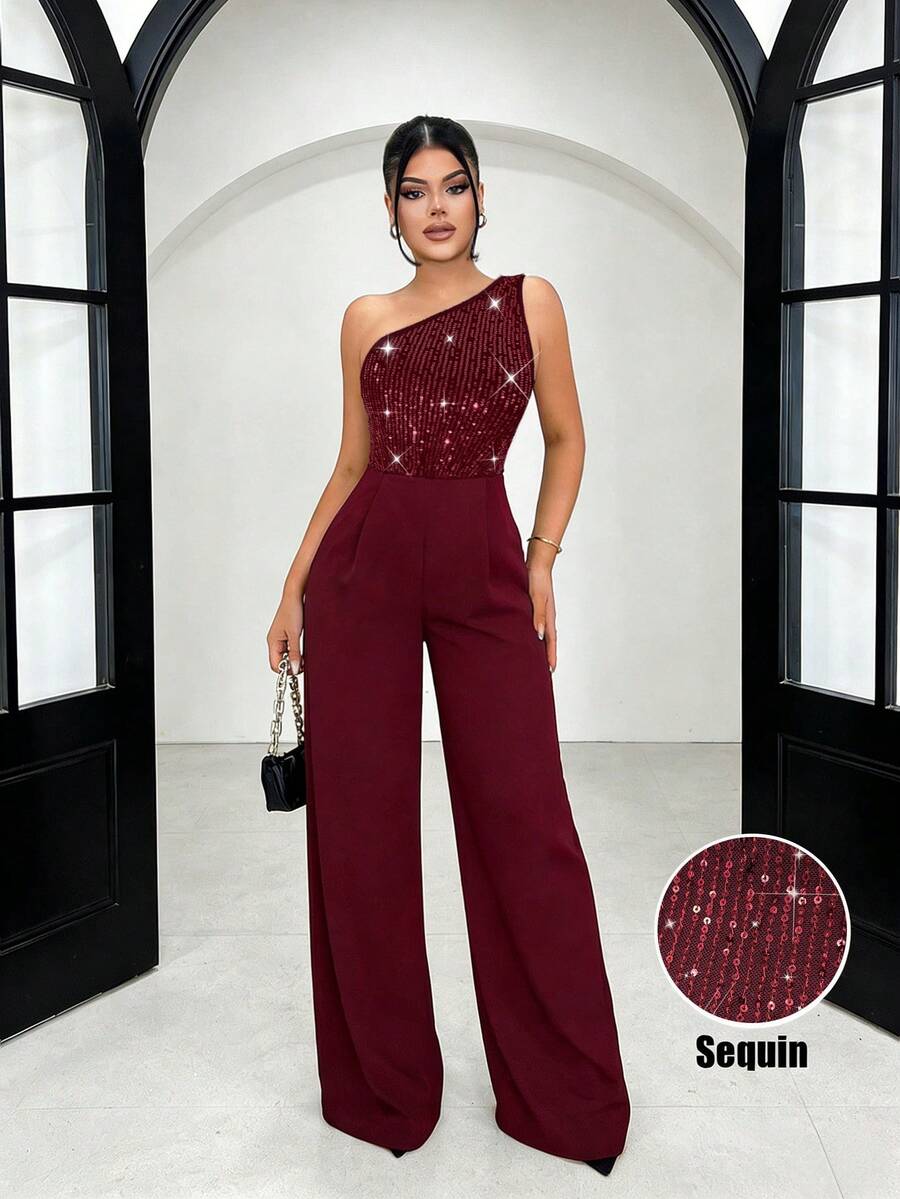 Eryvara Bộ jumpsuit dài ôm eo trễ vai màu đen đính sequin dành cho nữ, có khóa kéo, trang phục dự tiệc gợi cảm, trang phục hộp đêm, trang phục xuân/hè mới, trang phục hẹn hò ngày Valentine, trang phục sinh nhật, trang phục dự tiệc bể bơi, trang phục dạ hội, trang phục đi xem hòa nhạc, đi làm, trang phục dự đám cưới, bộ jumpsuit dài thanh lịch và lãng mạn. - Màu Đỏ Sâu - Xem 1