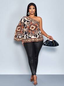 SOLERSUN Spring/Summer Plus Size Women's Clothing: Elegant Style, Casual Wear, Vacation Wear, Brown Floral Print, Woven Non-Stretch Fabric, Asymmetrical Off-Shoulder Neckline, Loose Ruffled Hem, Asymmetrical Sleeves, Shirt - Brown - View 6