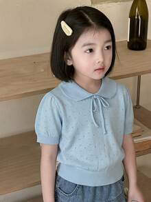 Dazy Kids Young Girl Solid Color Peter Pan Collar Short Sleeve Cute Sweater - Baby Blue - View 4