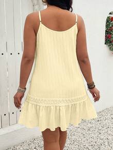 EMERY ROSE Women's Plus Size White Summer Boho Beach Holiday V-Neck Sleeveless Spaghetti Strap Front Button Textured Camisole Dress,Flounce Ruffle Hem Outfit - Pale Yellow - View 2