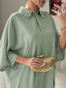 Yasmyna Women's Elegant Colorful Rhinestone Decor Batwing Sleeve Loose Turkish Maxi Dress - Green - View 1