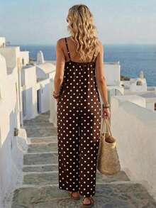SHEIN LUNE Brown Polka Dot Pattern Casual Jumpsuit For Women, Versatile For Spring/Summer - Brown - View 4