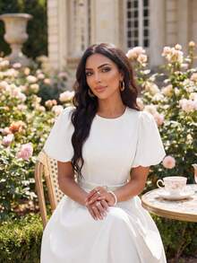 SHEIN Lady 女士优雅纯色泡泡袖连衣裙春夏优雅长袖 A 字裙主教袖白色婚礼情人节酒会大码连衣裙服装舞会礼服秋季女士连衣裙节日连衣裙白色连衣裙希腊女神裙白色毕业礼服 - 白色 - 查看 7