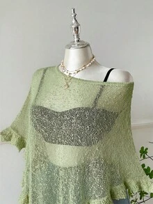 SHEIN EZwear 大码女式橄榄绿钩针编织披肩，荷叶边下摆，休闲半透明，适合外出和约会 - 橄欖綠 - 查看 3