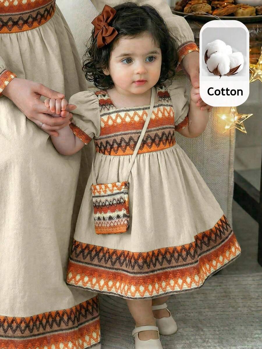 LMoss Kids Bộ váy và túi xách tay ngắn cổ Peter Pan màu mơ phối họa tiết cổ điển dễ thương cho bé gái. - Nhiều màu - Xem 1