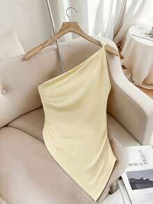 Resyla Áo hai dây lệch vai xếp ly kiểu Pháp thanh lịch, Áo ôm sát màu vàng kem, vạt áo bất đối xứng, Áo xếp ly cổ bất đối xứng màu vàng kem kiểu Baddie - Màu be - Xem 2