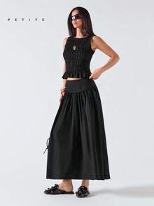 LYSMO Petite 女士休闲百搭通勤纯色褶皱半身裙 - 黑色 - 查看 3