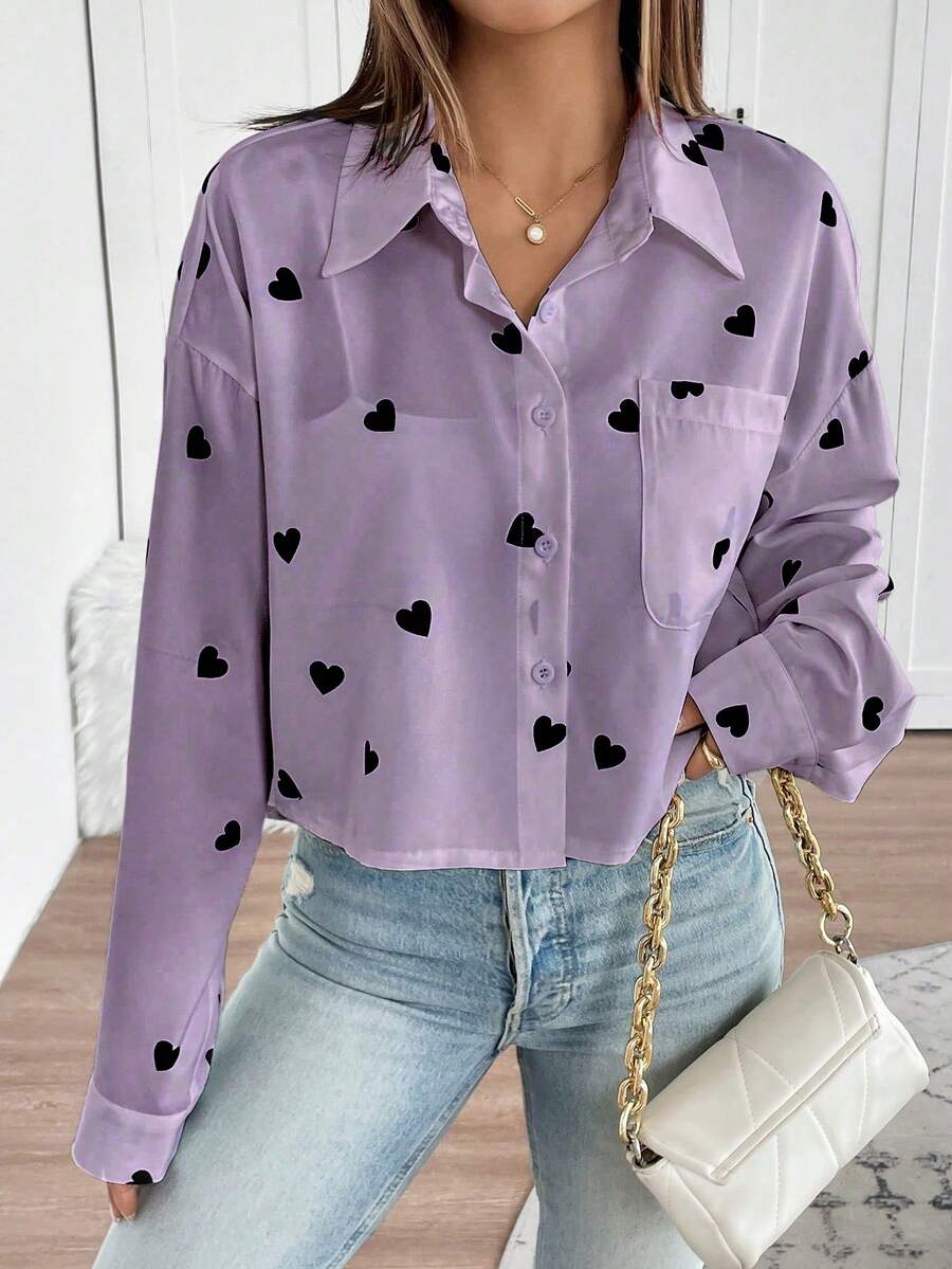 EMERY ROSE Bluză lungă pentru femei, model de inimă de Ziua Îndrăgostiților, față scurtă și spate, cămăși de vară, cămașă drăguță, cămașă frumoasă, bluză pentru femei, cămăși casual moderne și drăguțe pentru femei - Violet - Vizualizare 1