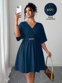 Elenzga Váy dạ hội ngắn màu đỏ cổ chữ V thanh lịch, eo cao, phong cách giản dị và tối giản cho mùa hè - Màu xanh lam - Xem 1
