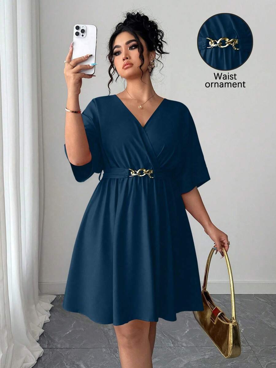 Elenzga Váy dạ hội ngắn màu đỏ cổ chữ V thanh lịch, eo cao, phong cách giản dị và tối giản cho mùa hè - Màu xanh lam - Xem 1