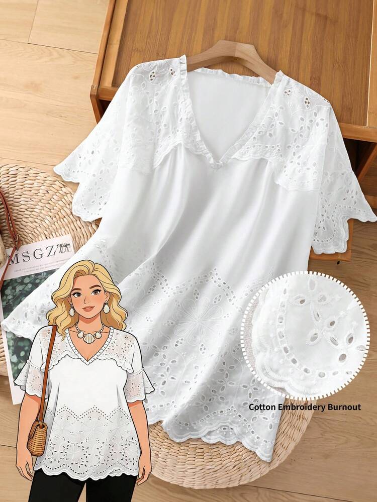Plus Size Summer Casual Solid Color Hollow Out Embroidered Shirt\Vacation Summer Tops Summer Outfits Summer Clothes  Spring  Spring Outfit Women Spring Clothes Country Style For Women Vacation Outfits Women White Blouse