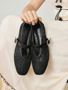 MOTF PREMIUM CÓMODAS Y VERSÁTILES BAILARINAS DE MUJER CON PUNTA CUADRADA ESTILO MARY JANE, ADECUADAS PARA COMMUTING Y USO CASUAL - Malla de encaje negro - Ver 2